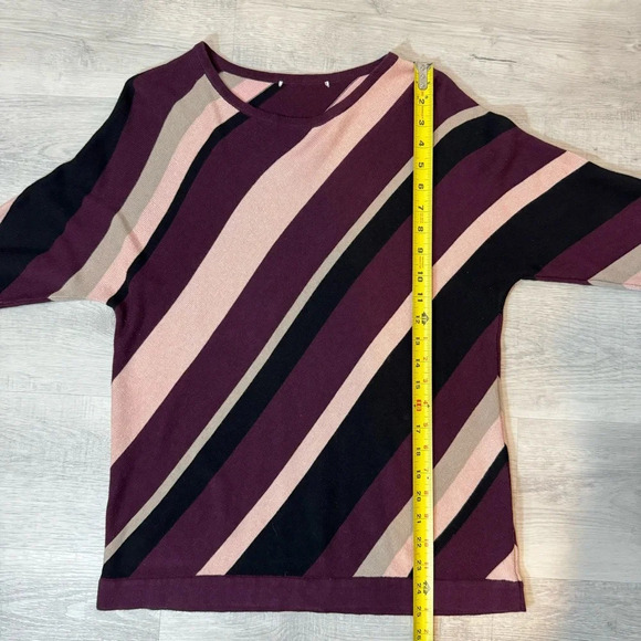 Allison Daley Sparkly Pink and Burgundy Wide Striped 3/4 Sleeve Sweater - Picture 12 of 17